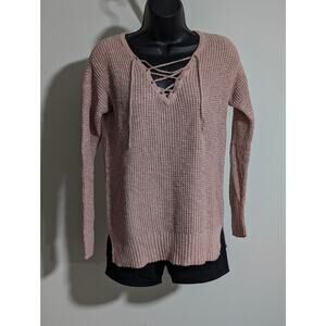 American Eagle Outfitters Pink Waffle Knit Lace-Up Pullover Sweater V Neck Small